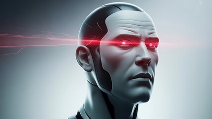 Obraz premium Futuristic android with glowing red eyes exemplifies advanced artificial intelligence in modern technology seamlessly.