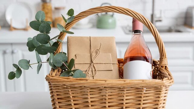 Beautiful wicker gift basket with a bottle of rose wine, wrapped gift, and eucalyptus branch