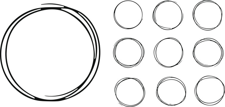 Hand drawn circles line sketch set. Vector circular scribble doodle round circles for message note mark design element. Pencil or pen graffiti bubble or ball draft illustration