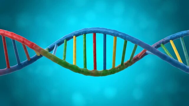 3D render of a DNA double helix model on a vibrant blue background