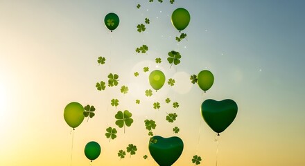 St patrick's day green balloons and shamrocks flying high