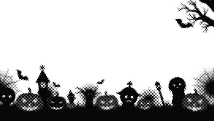 Fototapeta premium Halloween themed scene with spooky silhouettes of pumpkins and buildings on a white background