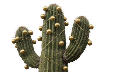 Fototapeta premium Cactus with Gold Ornaments green spines isolated on a transparent background