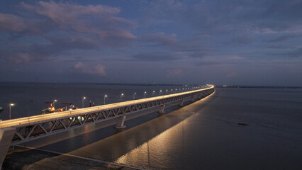 Aerial View of Padma Bridge at Night Over River, Bangladesh