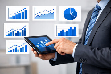 Business analytics concept with professional using digital tablet analyzing financial charts and graphs for growth strategy