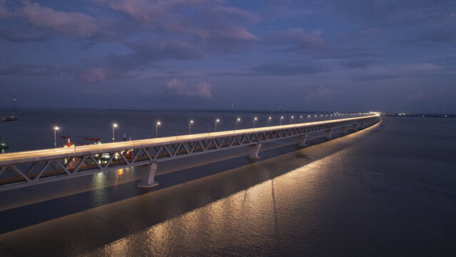Aerial View of Padma Bridge at Night Over River, Bangladesh