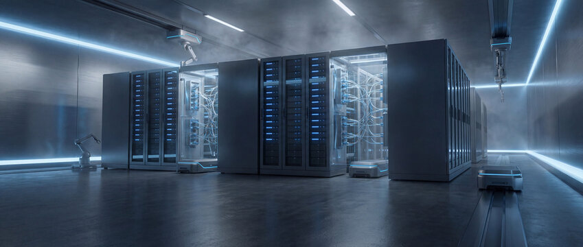 Data Center: An advanced data center, a technological hub buzzing with activity, houses a multitude of servers, representing the backbone of modern digital infrastructure. - Powered by Adobe