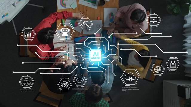 Group of Diverse Professionals Collaborating on AI Solutions with Digital Technology Icons and Data Charts in Modern Office Setting Gluon. - Powered by Adobe
