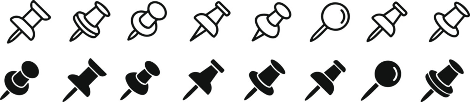Push pin icons set. Thumbtack for note attach collection. Paperclip symbol. Pushpin flat and line style collection. A needle for fixing on a board or map - stock vector.
