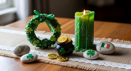 St patrick's day decorations with shamrocks pot of gold and green candle