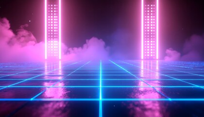 Futuristic stage corridor featuring luminous neon grid high resolution watercolor painting