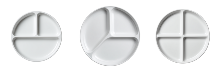 Three white divided plates with two three and four sections isolated on a transparent background dish