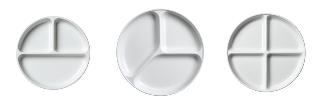 Three white divided plates with two three and four sections isolated on a transparent background dish