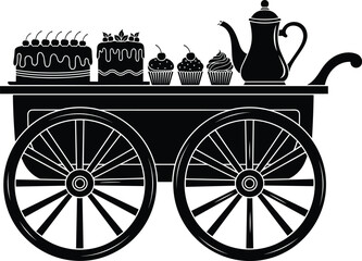 Fototapeta premium Dessert street cart silhouette with cakes, cupcakes, and teapot in black and white, flat vector illustration isolated on white background for bakery, cafe, and food market concepts