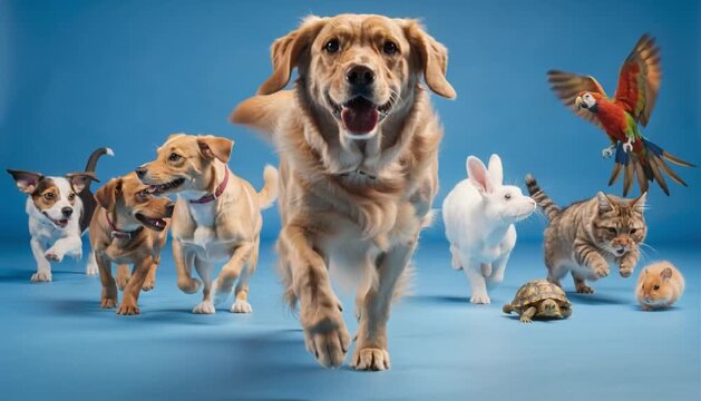 Energetic Advertising-Style Video Inspired By The Reference Image A Joyful Golden Retriever Leading A Lively Pack Of Mixed Rescue Animals&mdash;Dogs, Cats, Rabbits, A Turtle, A Hamster And A Flying Parrot