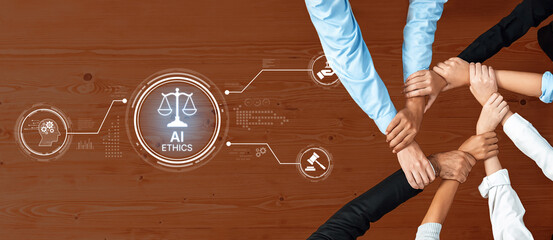 A dynamic image showcasing hands coming together on a surface, representing teamwork and collaboration in discussing the vital topic of AI ethics and responsible technology use. Trope