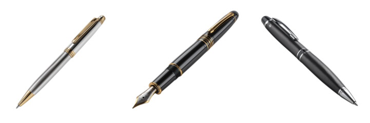 Three elegant writing instruments including a fountain pen and ballpoint pens isolated on a transparent background