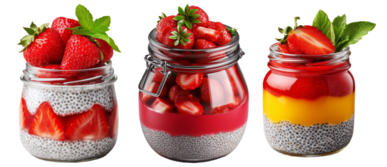 Fresh strawberry chia pudding in glass jar topped with mint leaves, isolated on white transparent background