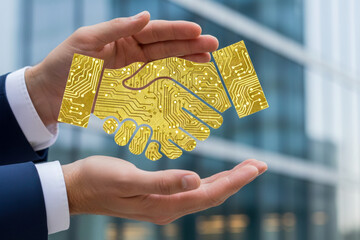 Ai handshake no code automation concept digital trust, golden circuit handshake between business hands, innovation partnership and technology