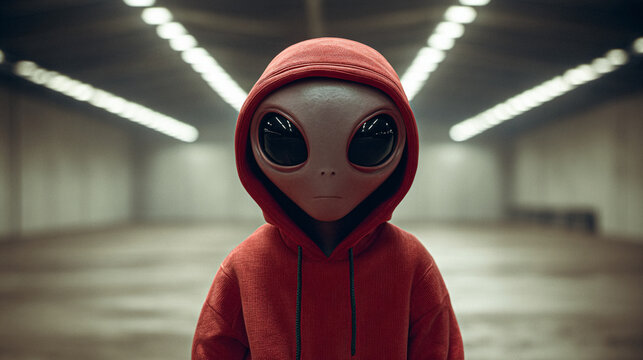 Portrait of an alien in a minimal hall, cartoon style, ultra realistic, fish eye lens, getto style, dressed in a red hoodie