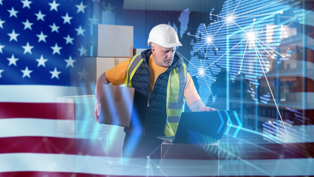 International logistics, US supply chain management. Warehouse worker checks shipment data on laptop while handling boxes, coordinating exports, inventory flow, and global distribution.