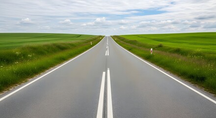 A long straight road through a green landscape