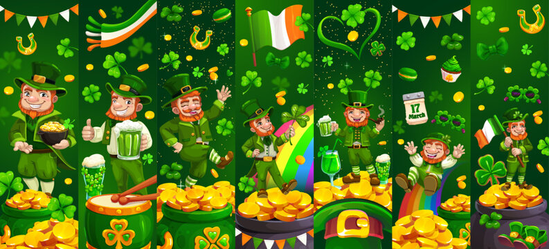 Happy St Patrick's day leprechaun characters collage. Irish festive collage or vector greeting cards. Saint Patrick holiday banners with shamrock clovers, pot of gold coins and leprechaun personages