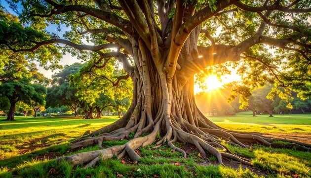 A majestic, large tree with sprawling roots and branches, bathed in golden sunlight filtering through its leaves. Other trees