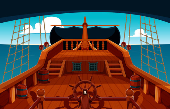 Wooden pirate ship deck interior. Pirate ship at sea with a large wheel helm in the foreground, wooden railings and barrels along the deck. Rope nets, sails, cloudy sky and open ocean nautical scene