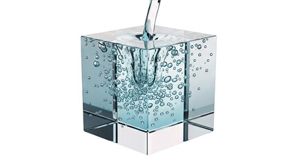 Water pouring into a glass cube, creating bubbles