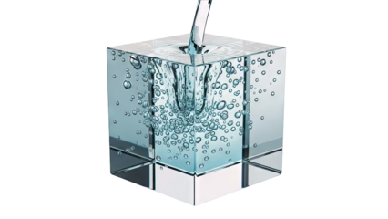 Water pouring into a glass cube, creating bubbles