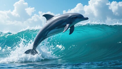 Fototapeta premium Dolphin leaping out of turquoise ocean wave under blue sky