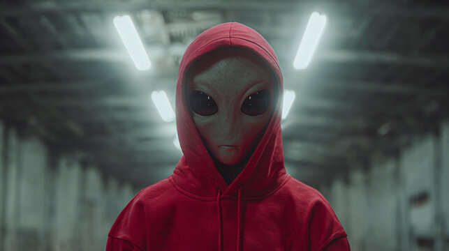 Portrait of an alien in a minimal hall, cartoon style, ultra realistic, fish eye lens, getto style, dressed in a red hoodie