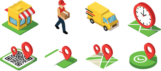Isometric delivery service icons set, courier shipping, map pin tracking, QR code navigation, clock location time, cad vector illustration