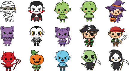 Obraz premium Cartoon Halloween characters set featuring cute monsters, witches, pirates, skeletons, and spooky costumes in colorful vector style for kids.