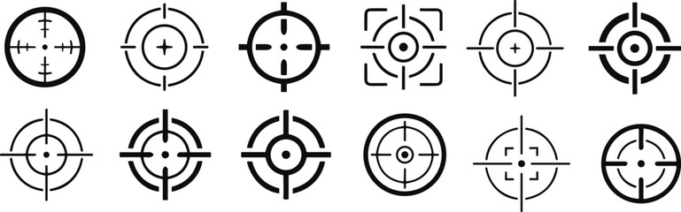 Different icon set of targets and destination. Target and aim, targeting and aiming. Crosshair, gun sight vector icons. Bullseye, black target or aim symbol. Military rifle scope, shooting mark © Muhammad