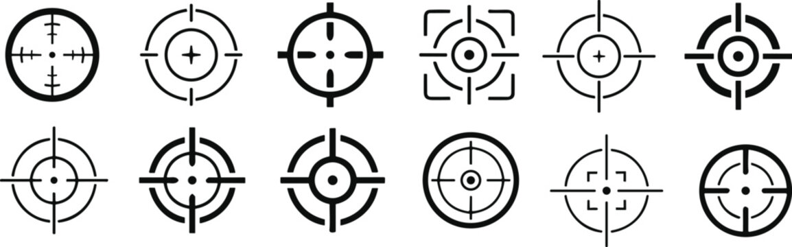 Different icon set of targets and destination. Target and aim, targeting and aiming. Crosshair, gun sight vector icons. Bullseye, black target or aim symbol. Military rifle scope, shooting mark