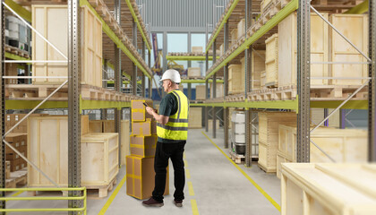 Fototapeta premium Warehouse, logistics center. Warehouse worker checks stacked parcels with a handheld device, verifying inventory records, storage placement, and order preparation among industrial racks.