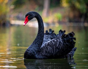 Obraz premium A majestic black waterfowl, with a bright red and white beak, gracefully glides across the calm water. The blurred backdrop suggests autumn