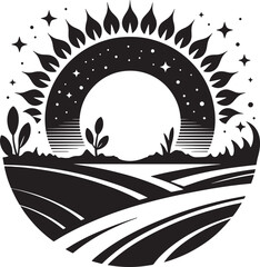 A minimalist black and white illustration featuring a sun river and landscape elements