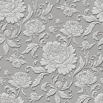 3D embossed textured vintage seamless pattern with elegant relief peonies and leaves. Beautiful white grey botanical background with a luxury bas-relief effect. Endless emboss 3d texture.