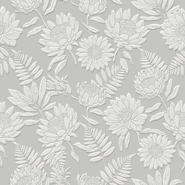 3D embossed textured seamless pattern with white relief protea flowers and fern leaves. Elegant light grey botanical background with a modern bas-relief effect. Endless emboss tropical texture.