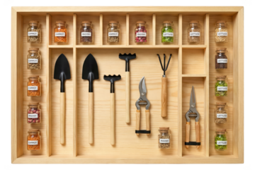 Gardening Tools and Seed Collection in Wooden Tray