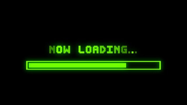 Retro Game Loading Screen with 8 Bit Pixel &ldquo;Now Loading&rdquo; Text and Neon Green Progress Bar on Black Background