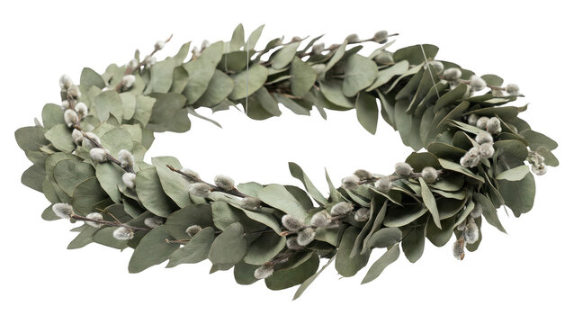 Eucalyptus and Pussy Willow Wreath on White Background