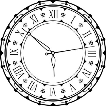 Circular vintage clock vector face with roman numerals arranged around the outer edge and and thin stylized hands. Vintage clock face with intricate ornamental motif. Antique, retro or classical clock