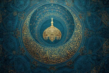 Islamic calligraphy on mosque wall featuring dome and intricate decorations viewed from below