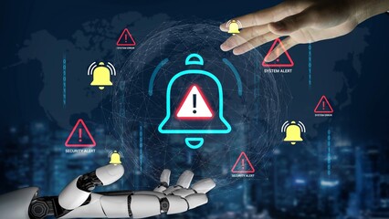 Futuristic Concept of AI Alert System with Robotic Hand and Notification Symbols in a Digital Environment Gluon.