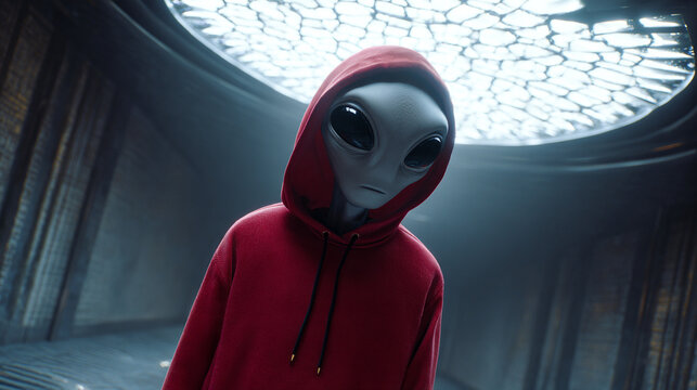 Portrait of an alien in a minimal hall, cartoon style, ultra realistic, fish eye lens, getto style, dressed in a red hoodie