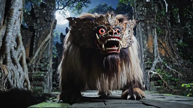 Fearsome lion-like guardian stalks a mossy temple ruin, snarling amid ivy-draped stones at dusk now